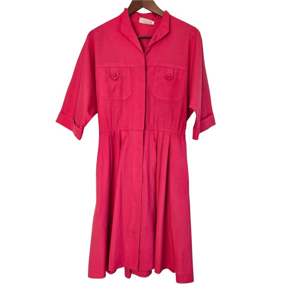 1980s Vintage Fuchsia Pink Utility Shirt Dress Structured Cuffs Shoulder Pads 10